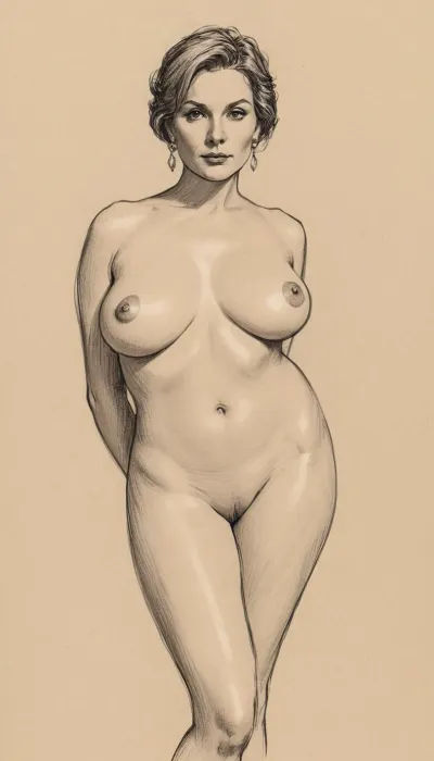 a pencil sketch of naked mature MILF, frontal view, gorgeous beauty, standing, voluptuous, medium-sized breasts, soft natural breasts, saggy breasts, jsbw, style, drawix6, dwx6, <lora:sketch_it:2>, <lora:JasmineBWXLDoguMini:2>, <lora:drawix6:2>