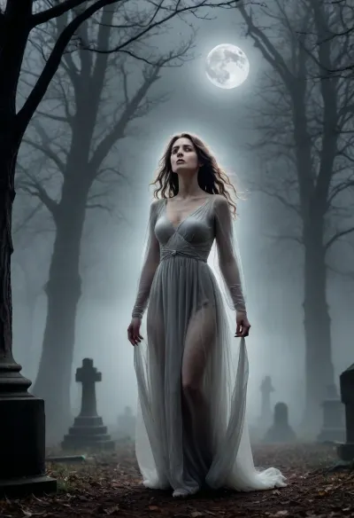 In the nocturnal ambiance of a decrepit cemetery, the moon's luminescence partially pierces the ethereal veil of clouds. A dense, spectral fog emerges from one of the graves, enveloping the area in a haunting mist. Suddenly, a spectral figure materializes from the fog, her presence both disquieting and ethereal. The apparition, a ghostly young woman, extends her arms as if to embrace the air, and begins to ascend, floating effortlessly. Her appearance is strikingly otherworldly, her skin is an unnatural pallor, her eyes are pitch black with no visible iris or pupil, and her lips are adorned with dark, seductive lipstick. Her hair is a contrasting dichotomy—extremely long and jet black, yet also unnaturally white. Her physique is disturbingly diminutive, with a petite stature, a slender frame, and an almost skeletal appearance. Her nudity is complete, yet disturbingly poised, with an extremely short body and a disproportionately small figure. Her chest is notably flat, and her hips and buttocks are minuscule, contributing to her ghostly, almost otherworldly aesthetic. The scene is further disorienting due to a slight Dutch angle, enhancing the sense of unease and dislocation. The entire composition is bathed in a misty, spectral light, accentuating the ghostly nature of the apparition. This haunting tableau, with its meticulous attention to detail and atmospheric depth, evokes a sense of otherworldly presence and psychological unease.