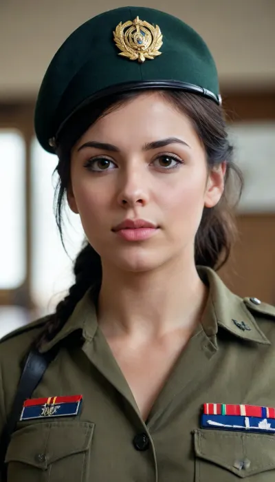 A beautiful young dark-hair girl with big tits in a soldier uniform