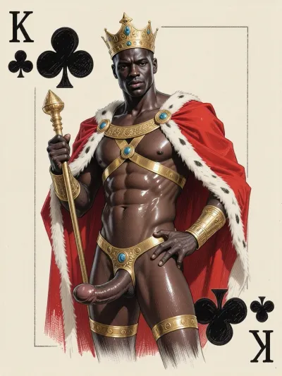 A sexy playing card. The card is king of clubs. The image is drawn in a 1950’s style pencil sketch, A beautiful black man is depicted as the king, power pose, regal, completely naked apart from a red royal mantle, and a gold bdsm harness, oiled body, big limp hanging dick, regal look, scepter, detailed dick, detailed body, more detail, posed.