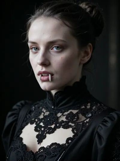 Ultra low key cinematic portrait, almost monochrome grading, deep blacks, sculptural chiaroscuro, subtle rim light, premium full-frame mirrorless look, 85 mm portrait lens, flawless facial rendering, hyper realistic skin texture, visible pores, fine imperfections, eyes with slight reddish capillaries like mild chlorine irritation, but with clear sharp irises, naturally pale white skin suggesting no circulating blood but still living texture, no porcelain doll look. Eyes slightly bloodshot with fine visible capillaries, irises sharp and bright. Black aristocratic Renaissance gown with intricate lace and luxurious embroidery, deep but tasteful neckline revealing collarbones, fangs correctly placed at the natural upper canine position, about twice normal length, elegant not monstrous, mouth slightly open in a poised, dangerous expression. Hair in a neat bun, background dark and minimal with subtle rim light extremely detailed, realistic, and hauntingly beautiful.