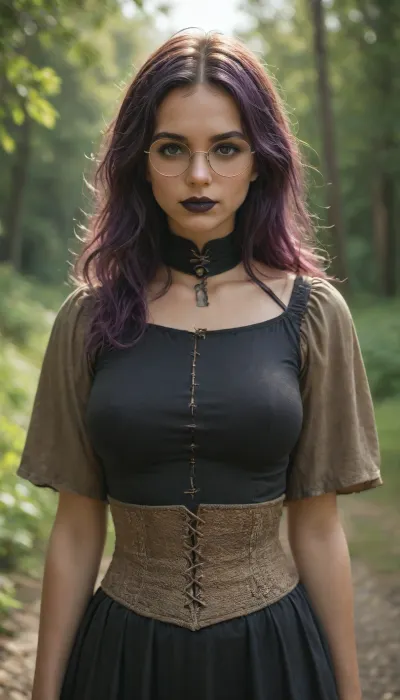shallow depth of field, 85mm lens, 18-year-old, beautiful, athletic, young, petite, female, purple hair, ((black eye shadow, black lipstick)), tanned skin, ((tight large breasts)), ((small round glasses)), ((Medieval fantasy Sorceress outfit)), ((Wilderness)), direct eye contact, warm glow, cinematic atmosphere
