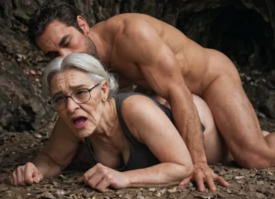 Wrinkled granny with big natural breast, large fat thighs, and a small fat ass, is wearing eye glasses, a denim skirt and a tank top. Giant caveman with a long monstrous penis, is naked. Wrinkled granny looks extremely scared and worried. They are in a dark cave. The cave man gets the wrinkled granny to give him doggy style vaginal sex., ((wrinkled granny)), ((giant caveman)), ((vaginal sex)), ((doggy style sex)), ((titanic cum)), agony, anguish, anxiety, depression, despair, grief, pain, sadness, stress, suffering, <lora:Lamentations-000016:.8>