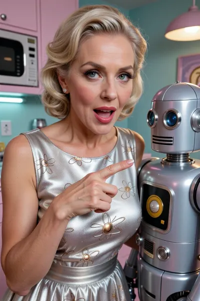 A retro-futuristic “pin-up” style photograph from the 1950s depicting a beautiful 50-year-old American housewife in her kitchen, designed in the style of the 1950s with a futuristic twist, interacting with a whimsical vintage robot assistant that has been brought into the family of a research scientist for testing, in the style of science fiction. She wears a retro dress made of futuristic metallic fabric with an “Atomic Age”-style pattern, composed of stylized flowers with petals resembling electron orbits, inspired by scientific discoveries, atomic physics, and space exploration, points her finger at the robot, her face showing a look of surprise mixed with a slight hint of delight. Her expressive eyes are wide open. Precise human anatomy, bright studio lighting, the glossy aesthetics of Pop Art, cinematic photorealism—like a still from a 1950s science fiction film