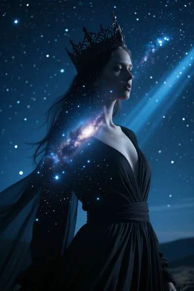 A cinematic, hyper-realistic image created using double exposure. The sharp silhouette of a dark, Gothic-style queen blends seamlessly with the boundless, contemplative night sky. Within her silhouette, the Milky Way shines, studded with soft, distant stars and cosmic dust. The face features perfect anatomical proportions, a highly detailed dark crown, realistic skin texture and intricate details. She wears a minimalist, flowing dark linen gown that flutters in the gentle breeze. Contour lighting in starlight, blended with dark blue ambient light, volumetric rays, 8K resolution