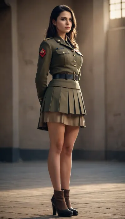 A beautiful young dark-hair girl with big tits in a soldier uniform with skirt, full body view