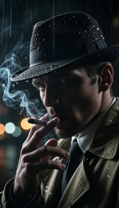 Cinematic noir portrait, extreme close-up of a mysterious man wearing a classic fedora hat and trench coat collar, lighting a cigarette, smoke billowing dramatically in front of his face, sharp focus on eyes and facial stubble, hard dramatic side lighting, (chiaroscuro), half of his face hidden in deep shadow, intense stare, detective noir vibe, rain droplets on his hat, city lights blurred in the background, (bokeh), night atmosphere, dark and moody, wet film grain, 35mm Kodak Portra 800, ultra-detailed skin texture, shallow depth of field, cinematic bokeh, photorealistic, masterpiece, 8k, shot on Arri Alexa 65.