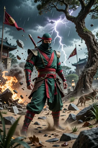 Le Ninja est devenu le Maître des Tempêtes.
Aucun élément météorologique visible, pas d'éclairs, pas de pluie, pas de nuages, pas de tornade.
Aucune couleur bleue dans toute la composition.
Le pouvoir est suggéré uniquement par, la posture dominante et calme du Ninja, sa tenue verte et rouge, les vêtements, arbres, herbes, drapeaux et poussières violemment déformés par une force invisible, les vagues de feuilles, pierres, débris et végétation qui semblent obéir à sa volonté, les conséquences de son pouvoir, (arbres courbés, bâtiments fissurés, sable balayé, animaux agrippés, objets projetés), sans montrer la tempête elle-même.
Ambiance cinématographique, hyperréaliste, ultra détaillée.
sharp focus, depth of field, 8k photo, HDR, professional lighting, taken with Canon EOS R5, DSLR, 75mm lens