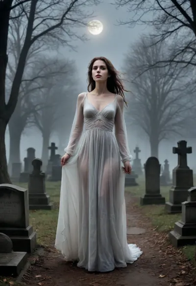 In the nocturnal ambiance of a decrepit cemetery, the moon's luminescence partially pierces the ethereal veil of clouds. A dense, spectral fog emerges from one of the graves, enveloping the area in a haunting mist. Suddenly, a spectral figure materializes from the fog, her presence both disquieting and ethereal. The apparition, a ghostly young woman, extends her arms as if to embrace the air, and begins to ascend, floating effortlessly. Her appearance is strikingly otherworldly, her skin is an unnatural pallor, her eyes are pitch black with no visible iris or pupil, and her lips are adorned with dark, seductive lipstick. Her hair is a contrasting dichotomy—extremely long and jet black, yet also unnaturally white. Her physique is disturbingly diminutive, with a petite stature, a slender frame, and an almost skeletal appearance. Her nudity is complete, yet disturbingly poised, with an extremely short body and a disproportionately small figure. Her chest is notably flat, and her hips and buttocks are minuscule, contributing to her ghostly, almost otherworldly aesthetic. The scene is further disorienting due to a slight Dutch angle, enhancing the sense of unease and dislocation. The entire composition is bathed in a misty, spectral light, accentuating the ghostly nature of the apparition. This haunting tableau, with its meticulous attention to detail and atmospheric depth, evokes a sense of otherworldly presence and psychological unease.