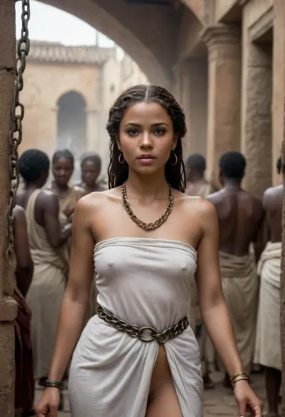 portrait of a A highly detailed, photorealistic scene set in an ancient Roman slave market, in the foreground, a Roman citizen explores the sexual nature of an African slave woman by taking her deeply and intensely from behind, In the center, a group of female slaves from various regions stands in iron shackles. Among them, there is a blonde Nordic woman, a Nubian woman, and a Black African woman, each depicted with authenticity and dignity. They are bound with heavy, iron chains around their wrists and ankles, and some are fixed to metal rings embedded in a stone wall. The marketplace is bustling with Roman citizens in elegant white togas, haggling and moving about. The scene is rich with historical detail, showing the diverse backgrounds of the slaves and the authenticity of their chains. Above, the golden sunlight filters through the smoke and dust rising from the market, creating a mystical and atmospheric effect. The focus is on a few of the women in sharp detail, while the background fades into a lively blur, capturing the vibrancy and complexity of the Roman slave market, cloudy, smoke, atmospheric, clouds, fog, jia, pillory, (maximum detail), (super realistic photo:1.4), (perfect pussy:1.4), wet body monsoon rain, visible pores, fine natural texture, tiny raindrops clinging to her eyelashes and cheekbones. Her facial features are regal and sharp, high sculpted cheekbones, strong elegant jawline, full lips pressed together with faint disdain, eyebrows slightly lowered and arched in calculated superiority. Her eyes are piercing with deep dark irises, razor-sharp iris detail, tiny lightning catchlights reflecting in them. Expression communicates absolute authority, cold pride, and a chilling confidence that borders on menace. Only hints of her crown and jewelry are visible at the edges, wet gold and gemstones catching lightning, framing her face as a symbol of untouchable power. Cinematic storm lighting, cold blue highlights, high contrast, hyper photorealistic, 8K, extreme facial detail, shallow depth of field, intense gaze, dark jungle blur behind her.
