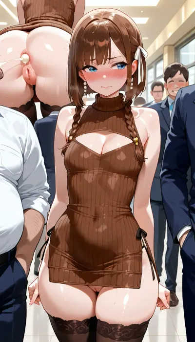 cute girl, (petite girl:1.2), (very beatiful girl, (one Girl brown hair, shoulder length messy braided hair, two Long braids, bob cut), ribbon hair accessory, blue eyes), small perky breasts, round ass, fat thighs, tiny waist, ((brown knitted sleeveless sweater dress with cleavage, dress with hip-high leg slit)), thighsocks, marshmallow girl, venus pussy, white pulled-down panties, orgasm face, (perfectly closed pussy), girl waiting in line, standing in line, (anal fisting), girl is molested by fat ugly man, fat ugly bastard in office suit, in a bakery, a look under the skirt, exposed ass, girl is blushing embarrassed, lustful facial expressions, (High, Resolution), (More, Details), (8K), <lora:torino-XL-v2-ep20:.8>, <lora:checkpoint-e100_s400:.8>