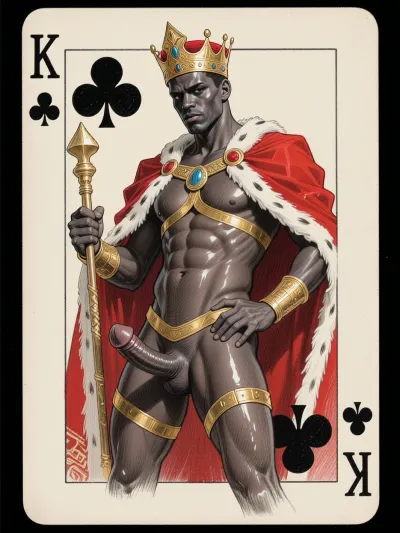 A sexy playing card. The card is king of clubs. The image is drawn in a 1950’s style pencil sketch, A beautiful black man is depicted as the king, power pose, regal, completely naked apart from a red royal mantle, and a gold bdsm harness, oiled body, big limp hanging dick, regal look, scepter, detailed dick, detailed body, more detail, posed.