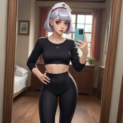 noelle from genshin impact dross style reiq meets, woman, Candid mirror selfie featuring an athletic 25 year old college coed with a big muscular ass. She’s wearing yoga pants, turned sideways to show off body, posing effortlessly with a hand on her hip. Her dorm room has a modern aesthetic, with a large mirror, scattered makeup items, and soft lighting that enhances the pastel colors around her. The angle of the shot is slightly tilted, capturing a laid-back, amateur influencer-inspired vibe.