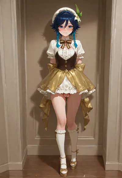 4k resolution, high definition, highly detailed, best possible quality, femboy, Venti from Genshin Impact, solo, tiny, petite, flat-chested, medium cock and balls, high platform heels, standing in corner of room, hands behind back, wearing frilly shorty girl dress, too small, barely covering buttocks, large bow on head, white knee socks, sparkly shoes, looking like a living doll, tearful eyes, biting lip, embarrassed