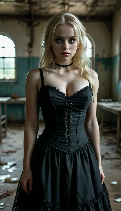 Night, Eerie scene in an abandoned gymnasium, Beautiful blonde goth 25-year-old in a prom dress in a gymnasium, Heterochromia, pale white skin, goth prom, macabre decorations, midnight, large natural breasts, saggy breasts, corset, large, breasts, big, boobs, huge, tits, uberfit, muscular, athletic, <lora:MJ52:.8>, <lora:bombshell_v2:.3>, <lora:uberfit_lora_sdxl:.3>, horror, scene, dark, glowing, eyes, knife, rooms, girl, kitchen, gore, <lora:3cfdf102b8e09e99ae7eb77b194d9459:.8>