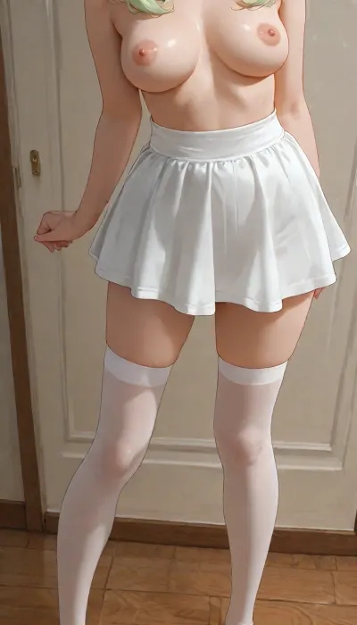 girl, adult, standing, short light green shaggy bob hair, perfect body, white skirt on floor, light green clothes on floor, nude, nude breasts, nude body, no clothes, medium breasts, skinny legs, transparent white stockings, legs in frame close, green high-waisted cheeky panties