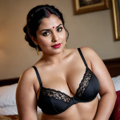 Keep same face and create a Photorealistic photograph of a curvy plus-size Indian woman, 46 years old, fair skin, soft rounded face, dark brown eyes, full lips with a confident dominant smirk, red bindi on forehead, long thick black hair styled in a high messy updo with a long thick side braid falling over one shoulder, gold jhumka earrings. Full voluptuous body with large heavy breasts, soft belly, wide hips and thick thighs.
She is lying on a luxurious bed with dark silk sheets in a dimly lit elegant bedroom. Wearing sheer black lace lingerie, (bra and panties), . Thick black ropes tightly bind her wrists above her head to the headboard, metal chains wrapped around her torso, waist and thighs in a restrictive bondage style. Body slightly arched, legs slightly apart.
Strict dominant switch expression, looking directly at the camera with intense control and a slight smirk. Soft dramatic lighting, highly detailed realistic skin texture, natural pores, sharp focus, ultra-photorealistic, 8k, professional photography, no anime, no cartoon, no illustration style