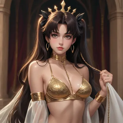 ishtar from fate/grand order dross style reiq meets, woman, A girl, wearing, Gold metallic bra with intricate chain overlays.Matching gold thong with delicate side straps.Long, flowing cape made of sheer fabric with gold accents.Accessories, Body chain draping from shoulders to waist, arm cuffs with small dangling chains, and a leash attached to a decorative gold collar.