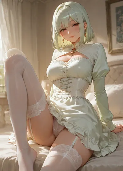 girl, adult, short light green shaggy bob hair, white underbust corset, white ruffled skirt, small-medium breasts, light green long sleeves, transparent hold-ups stockings