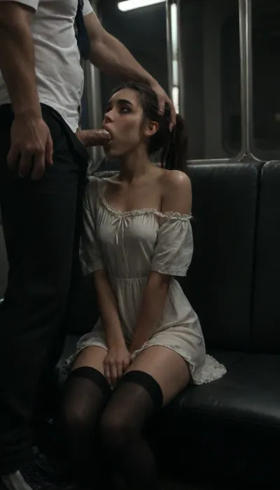 (((View from far away front))), all the character are fully visible, crowded public subway, night time, she is being recorded by bystanders, ((old, muscular, suit, man)), ((she is getting a fellatio from an old muscular man, he is ejaculating in her mouth, oral creampie, cum dripping out of her mouth)), (((she is sitting in a seat, her legs crossed))), ((he is standing next to her)), ((violation)), another bystander is groping her breast, (((defeat))), ((victim)), ((Beautiful petite female, pale skin)), ((((25 years old female)))), ((dark hair, ponytail)), bright green eyes, open eyes, tired eyes, perfect face, delicate face, perfect delicate nose, perfect eyes, eyeliner, mascara, ((petite flat breasts)), very slim waist, skinny, slim body, tan lines, perfect hands, five fingers per hand, perfect slim ass, ((she is fully clothed)), (small chest, fit firm legs, slim legs, slim thighs), light bloom, victim, violation, abuse, ((horny look)), ((exhausted)), ((seductive look)), ((simple black off shoulder loose dress, black thigh highs)), full body in frame, ((embarrassed)), best quality, photorealism, perfect faces, Ultra detailed RAW color photography, highly detailed, high level of detail, flat, chested, saliva, Old, Man, woman, sucking, a, cock, <lora:flat_chested_v3.5:1.9>, <lora:dark:1.3>, <lora:WTS - WhatTheSuck - v1:1.6>
