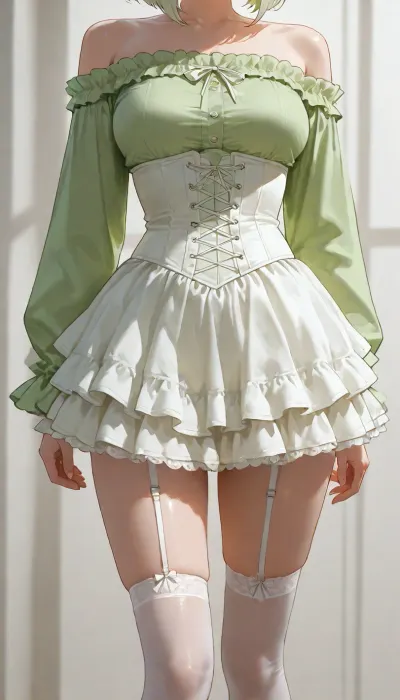 girl, adult, standing, short light green shaggy bob hair, white underbust corset, white ruffled skirt, medium breasts, light green long sleeves, open shoulders, skinny legs, transparent white stockings, socks in frame, legs in frame close, curved pose