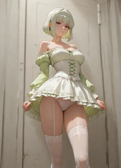 girl, adult, standing, short light green shaggy bob hair, white underbust corset, white ruffled skirt, medium breasts, light green long sleeves, open shoulders, skinny legs, transparent white hold-ups stockings, curved pose, taking off her white panties, undressing panties