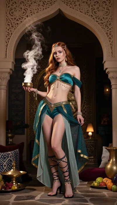 A girl with long, wavy red hair stands in an oriental-themed interior. She is wearing a costume reminiscent of Princess Jasmine, crafted in deep emerald green tones. The top is a strapless crop top with decorative gold details and beaded chains. Drape over her shoulders is a translucent cape of the same emerald fabric with gold trim, falling to the floor. The bottom half consists of short, form-fitting shorts and a long, light skirt with slits, flowing loosely over her legs.

On her head, the woman wears a tiara with a central stone, flowing into thin chains framing her face and hair. She also wears a choker with a pendant and bracelets on her forearms. On her feet, she wears black high-heeled sandals with decorative laces adorned with small beads wrapped around her calves and knees. In her right hand, she holds a small golden bowl, from which thick white smoke rises.

The composition is framed by an arched doorway with carved oriental patterns on the walls. The floor is paved with stone slabs. At the bottom of the frame, on either side of the woman, are interior details, decorative pillows in various shades, golden vessels, trays of fruit, and a jug. The lighting is soft and warm, highlighting the golden details of her attire and the smoke emanating from the bowl.