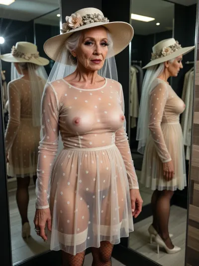 in all-around mirrored ultra-modern fitting room, insanely detailed, (((naked woman trying her new dress:1.9))), (((beautiful extremely elder extremely aged ancient exactly 200 year old grandma:1.9))), brown tanned skin, (((Precisely detailed realistic heavy wrinkled pale matte skin:1.9))), (((micro-detailed skin:1.9))), (((chubby:1.4))), light glossy mahogany lipstick, fancy black makeup, (light-beige knee-length hyper-minimalist round-neckline all-around comprehensively sheer mourning dress with matching long sleeves), (fully sheer all-around polka-dotted dress), (elegant luxury wide-brim dress-matching floral hat with matching veil is covering her face), (((dimlight shines through the full-sheer transcluent dress:1.9))), matching tight-high fishnet stockings, matching high heels, eye-contact, forced 8K, QHD, (((greatly improved quality:1.9))), insanely high resolution, ultra-sharp, (((anti-aliasing:1.9))), image sharpening, (((arousing:1.9))), (((close-up:1.7))), raytracing, anti-glare, anti-gloss, (((post-processing:1.9))), (((enhanced composition:1.9))), (((ultra candid:1.9))), (((ultra raw:1.9))), (((hyperrealistic, photorealism, enhanced reflections, raytracing))), (((exremely relaxing:1.9))), ((on the fake mirror images she is completely naked:1.9))