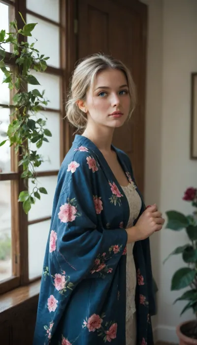 The photo shows a woman with light-colored hair, blue eyes, and light makeup. She is wearing a dark-blue robe with a floral print featuring flowers in pink, light blue, and white. The woman is looking straight at the camera, and her face is illuminated by natural light. In the background, you can see elements of the exterior, a dark-brown door with a metal handle, part of a white window frame, behind which a green plant in a pot is visible, and a wall with rough plaster. Also, on the left, part of a curtain with a floral pattern is visible. Overall, the photo creates a sense of ease and homey comfort.