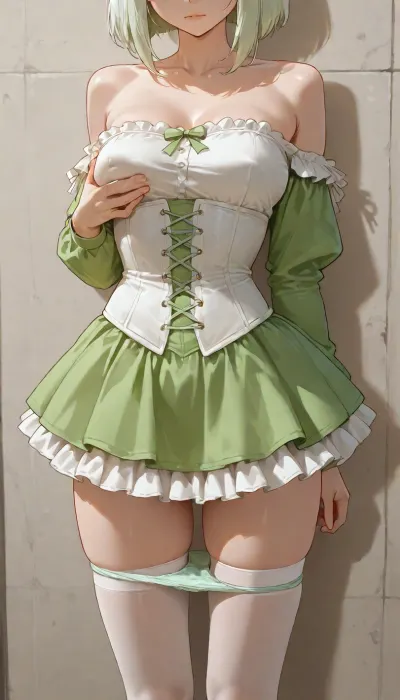 girl, adult, standing, short light green shaggy bob hair, white underbust corset, white ruffled skirt, medium breasts, cropping her own breast, light green long sleeves, open shoulders, skinny legs, transparent white stockings, socks in frame, legs in frame close, curved pose, curved body, light green panties down, no panties, leaning on wall