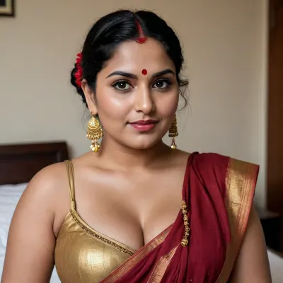 Hyper realistic photograph of a curvy plus-size Indian woman, 50 years old, fair skin, soft rounded face, dark brown eyes, full lips with a confident dominant smirk, red bindi on forehead, long thick black hair styled in a high messy updo with a long thick side braid falling over one shoulder, gold jhumka earrings. Full voluptuous body with large heavy breasts, soft belly, wide hips and thick thighs.
She is lying on a pose hotel bedroom .Body slightly arched, legs slightly apart.
Strict dominant switch expression, looking directly at the camera with intense control and a slight smirk. Soft dramatic lighting, highly detailed realistic skin texture, natural pores, sharp focus, ultra-photorealistic, 8k, professional photography, no anime, no cartoon, no illustration style