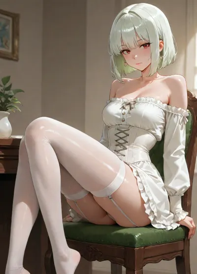 girl, adult, short light green shaggy bob hair, white underbust corset, white ruffled skirt, small-medium breasts, light green long sleeves, open shoulders, skinny legs, transparent white hold-ups stockings, sitting at table, sitting on chair, perfect small ass, view from behind