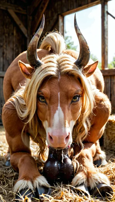 Naked female, Blonde, (((furry body))), hooves, horns, farm, very furry, big round boobs, long hairy tail, looking at viewer, crawling, deep throat, horse