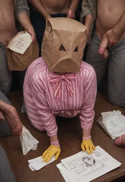 a Curvy 55 year old milf in a pink striped oldtimey 50s housewife dress, a headscarf and an apron, yellow gloves, (oiled glossyshiny skin:1.2), cellulite, (grey stockings with ribbons), an innocent little young 5men are standing around her, lifting her dress and fucking her ass and moaning. Anal penetration. Huge cock in ass, (gangbang:1.6), (she on all fours on table and get gangbang:1.5), (wet cummed paper bag full cover her face and head:1.64), (realistic, directional lighting. High detail), bag_over_head, paper, bag, <lora:detailed_notrigger:2>, <lora:Paper_bag_over_head_-_SDXL 1.0_NSFW:2>