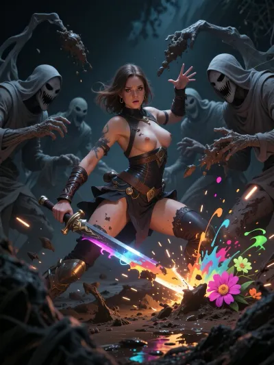 Dark fantasy illustration. A creative woman confidently fights off faceless gray shadow figures using a glowing paintbrush as a sword. The shadows are throwing ugly dirt and sludge at her. She looks confused yet powerful. Vibrant sparks of light and neon paint explosions deflect the darkness, turning mud into glowing flowers. Moody lighting, dark atmosphere, highly detailed, dramatic contrast.