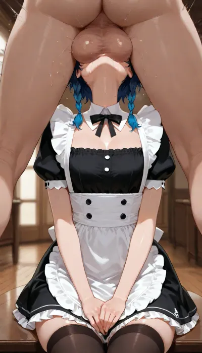 4k resolution, high definition, highly detailed, best possible quality, tiny, petite, flat-chested, femboy, gay, Venti from Genshin Impact, ((double deepthroat), tilted his head back, (seductive maid, Thigh High Black Stockings), raised maid dress, mega orgasm, tall futa fucking his mouth, (big cock))