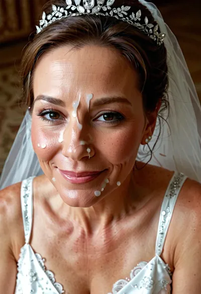 1/2 body shot of happy 50-year-old woman wearing wedding dress with cum on her forehead, facial, <lora:Facials:.5>
