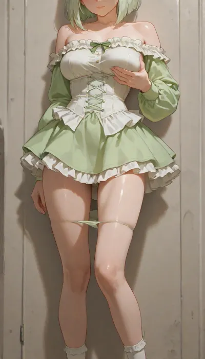 girl, adult, standing, short light green shaggy bob hair, white underbust corset, white ruffled skirt, medium breasts, cropping her own breast, light green long sleeves, open shoulders, skinny legs, transparent white stockings, socks in frame, legs in frame close, curved pose, curved body, light green panties down, no panties, leaning on wall