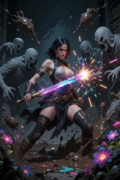 Dark fantasy illustration. A creative woman confidently fights off faceless gray shadow figures using a glowing paintbrush as a sword. The shadows are throwing ugly dirt and sludge at her. She looks confused yet powerful. Vibrant sparks of light and neon paint explosions deflect the darkness, turning mud into glowing flowers. Moody lighting, dark atmosphere, highly detailed, dramatic contrast.