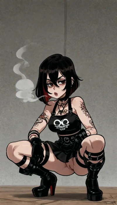 ((alex ahad art style:1.6)), sexy emo woman, lots of tattoos, lots of piercings, dark hair, asymmetric bob cut, pale skin, scene outfit, short skirt, bare pussy, emo hair, large lips, full body view, squatting, smoking a cigarette, puffing smoke, <lora:outline_xl_kohaku_delta_spv5x:1.1>, <lora:EnvyBeautyXL02:.4>