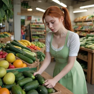 4k, high details picure, high details on face, perfect eyes, slender 25yo woman, working as fruit seller, medium chest, redhead hairs, ponytail, tight light green skirt, bending down, looking down at cucumbers, on a fruit shop