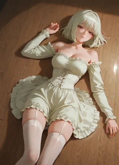 girl, adult, lying on floor, short light green shaggy bob hair, white underbust corset, white ruffled skirt, medium breasts, breasts almost nude, light green long sleeves, open shoulders, skinny legs, transparent white stockings