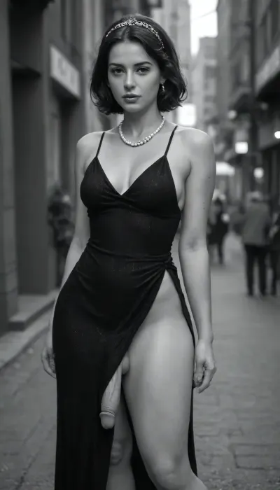 (Futanari:1.5), one dickgirl, (solo:1.4), (erect penis:1.5), 25 years old, (wide hips, hourglass figure, thick tighs:1.4), (testicles:1.3), (1920s vintage photography style), (black and white photo:1.4), a stunning shemale fatale with classic flapper-era wavy short hair, (elegant feathered headpiece), (wearing a deep V-neck sequined evening gown), (delicate pearl necklace), standing beside a classic antique automobile, (1920 year city:1.4), (atmospheric sepia-toned film grain texture:1.4), high contrast chiaroscuro lighting, cinematic composition, moody street background, hyper-realistic detail, fashion photography aesthetic of the roaring twenties, sophisticated and provocative allure, (slit in th dress), .