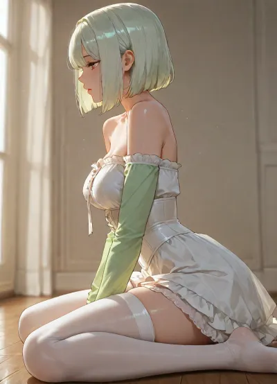 girl, adult, short light green shaggy bob hair, white underbust corset, white ruffled skirt, medium breasts, light green long sleeves, open shoulders, skinny legs, transparent white hold-ups stockings, sitting on floor, view from side, curved pose