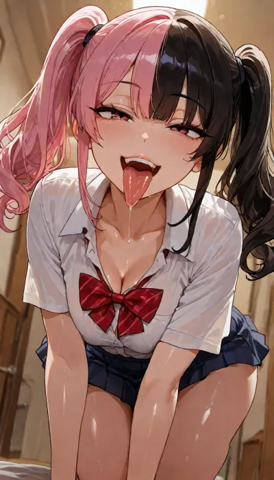 solo, anime style, masterpiece, best quality, perfect face, perfect body, dynamic composition, dynamic angle, BREAK, beautiful young woman, gyaru, mesugaki, (((twintails:1.5), split-color hair, half black and half pink)), drop eyes, pearl skin, ((naughty face)), open mouth, tongue out, long tongue, (drool:1.3), <lora:add-detail-xl:1.2>, <lora:attractive_notrigger:1.2>, <lora:detailed_notrigger:1.2>, <lora:LCMTurboMix_Euler_A_fix:1.2>