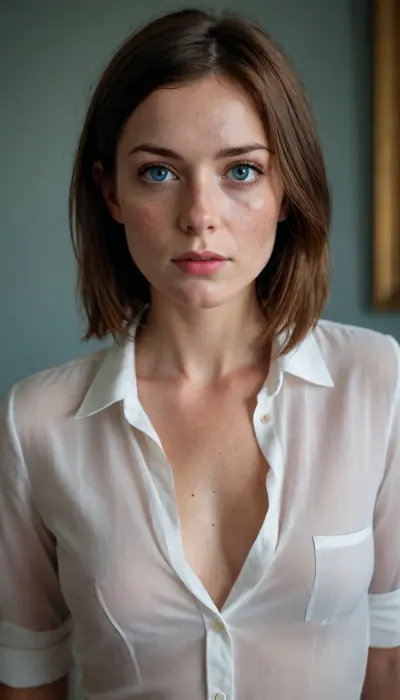 we have one girl, average height, french, bob cut brown hair, 37 years old, thin, slim, solo, blue eyes, perfect eyes, realistic, freckles, round face
dressed only in an unbuttoned white shirt. her hands are pulling her panties down, to show her nude vagina. Her face is embarassed, and she is looking down.
she is in a large empty museum room, with renaissance paintings at the wall