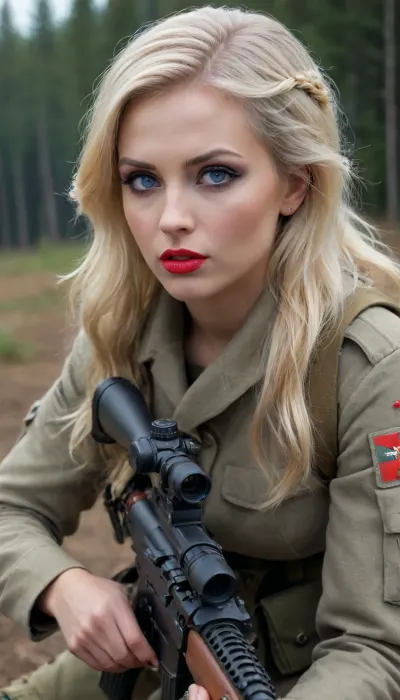 Russian sniper woman od II World.Wr, Full Body, Full view, blonde hair, Blue eyes, red lip stock, Glamour make-up, on battlefield, fucked by german soldier, lyingfloor, <lora:xl_more_art-full_v1:.8>