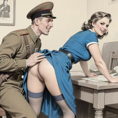 This is a detailed monochromatic pencil drawing in a classical illustrative style depicts a scene set in USSR in 1950s, bright, colorful colors, in the military guardhouse, The Soviet young soldier, He touchs the ass of a beautiful curvy mother, 40 years old, Submissive madam with elegant hairstyle, with seductive faces and wide hips in woman's in beautiful blue dress 50s she is bent low over on the table, The Soviet soldier lifted up the hem of her skirt, her asshole and stockings are visible, (hairy labia and asshole), She's Submissive and embarrassed, Vulgar sneering smile on soldier's face, The overall mood is intense, rendered in fine, expressive line work and subtle shading, evoking the style of 1950s satirical or moralistic illustrations.