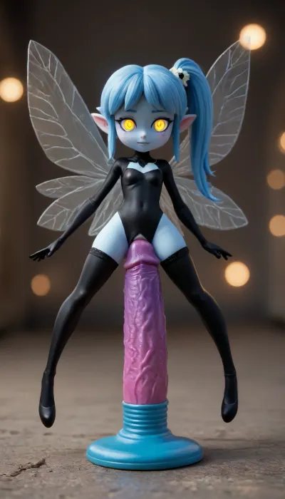 high quality fantasy art of a beautiful adorable super cute femboy fairy made of red snow, glowing within, delicate figurine, kawaii, chibi, adorable, big ass, flexible, spreading legs, arched back upwards, goth, 30 year old, wery long hair, (head turned away from viewer:1.2), mouth open pouting lips, eyebrows raised in the middle, full face blush, round ass, (clenching teeth, eyes closed, eyes closed hard:1.6), crying, tears down her face, (pain expression face:1.6), (skinny:1.1), (belly bulge:1.2), futa masturbate your huge horsepenis, blue heir, Squatting, (((Giant pussy BlackDildo))), hyper massive huge extreme insane pussy dildo, extreme pussy insertion, Largest dildo possible, huge pussy toy, full body view, extremely wide dildo too big for futa and stretches pussy to breaking point, hyper extreme dildo wider than her thigh, pussy dildo, extreme insertion, hyper insertion, Biggest dildo imaginable, show full body in view, tiny odd little pixie, long spindly arms and mantis-like proportions, no pupils, glowing eyes, anime style, blue skin, f/1.4 lens, bokeh, tiny Daisy fairy princess, insect wings, see-through gossamer, in heat, in a video game, bombshell hair, glowing blue hair, side ponytail, handstand, Frieren, owoface, <lora:EnvyPixieXL01:.6>, <lora:frieren_xl_2-000012:2>