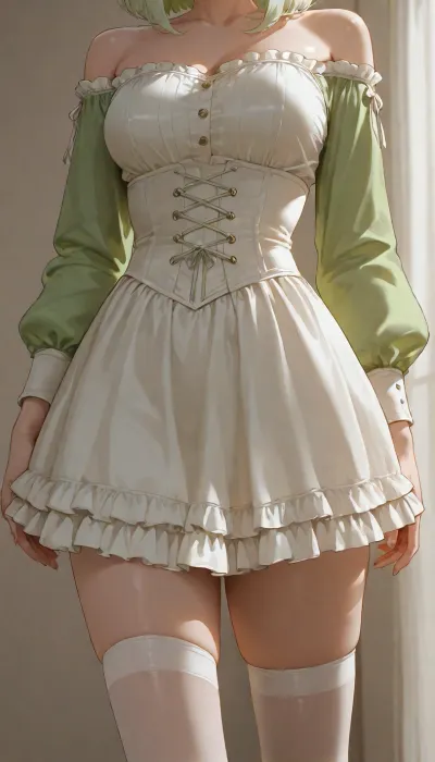 girl, adult, standing, short light green shaggy bob hair, white underbust corset, white ruffled skirt, medium breasts, light green long sleeves, open shoulders, skinny legs, transparent white stockings, socks in frame, legs in frame close, curved pose